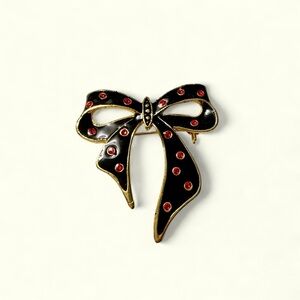 Brooch, Bow, Vintage Gold-Tone Black Enamel Bow with Red Stone Polka Dot…